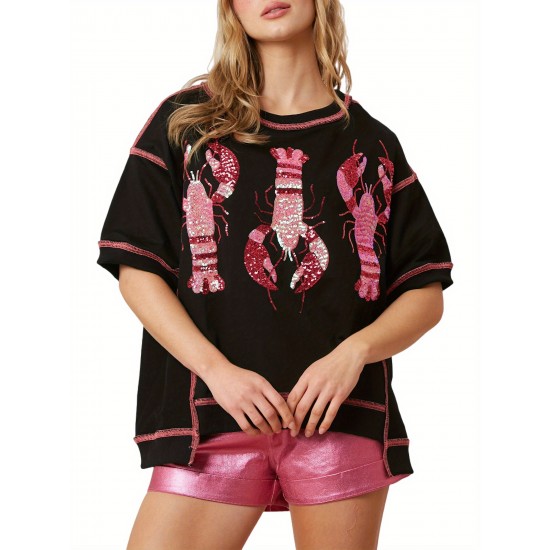 Women's Glitter Sequin Lobster & Crawfish Print T-Shirt - Casual Short Sleeve, Round Neck Top for Summer Women's Glitter Sequin Lobster & Crawfish Print T-Shirt - Casual Short Sleeve, Round Neck Top for Summer