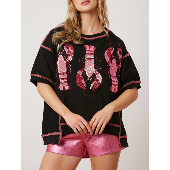 Women's Glitter Sequin Lobster & Crawfish Print T-Shirt - Casual Short Sleeve, Round Neck Top for Summer Women's Glitter Sequin Lobster & Crawfish Print T-Shirt - Casual Short Sleeve, Round Neck Top for Summer