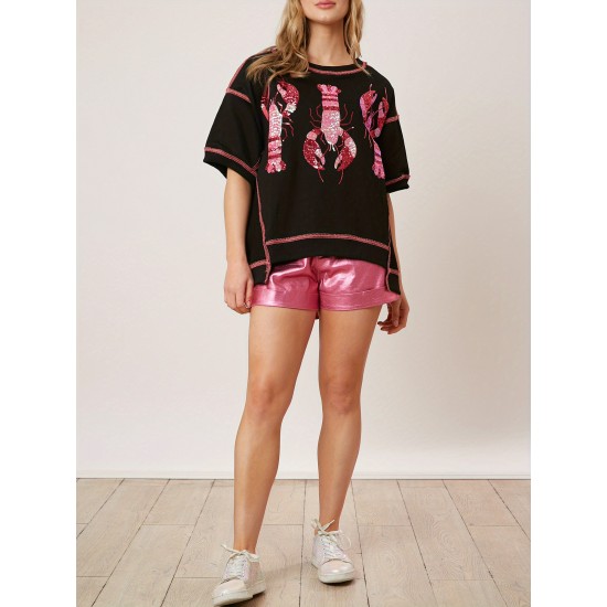 Women's Glitter Sequin Lobster & Crawfish Print T-Shirt - Casual Short Sleeve, Round Neck Top for Summer Women's Glitter Sequin Lobster & Crawfish Print T-Shirt - Casual Short Sleeve, Round Neck Top for Summer