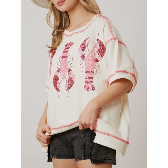 Women's Glitter Sequin Lobster & Crawfish Print T-Shirt - Casual Short Sleeve, Round Neck Top for Summer Women's Glitter Sequin Lobster & Crawfish Print T-Shirt - Casual Short Sleeve, Round Neck Top for Summer