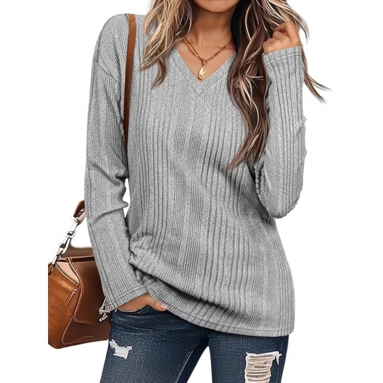 Women's Casual V-Neck Sweater - Solid Color, Ribbed Long Sleeve Knit Pullover, Machine Washable Women's Casual V-Neck Sweater - Solid Color, Ribbed Long Sleeve Knit Pullover, Machine Washable