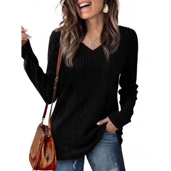 Women's Casual V-Neck Sweater - Solid Color, Ribbed Long Sleeve Knit Pullover, Machine Washable Women's Casual V-Neck Sweater - Solid Color, Ribbed Long Sleeve Knit Pullover, Machine Washable