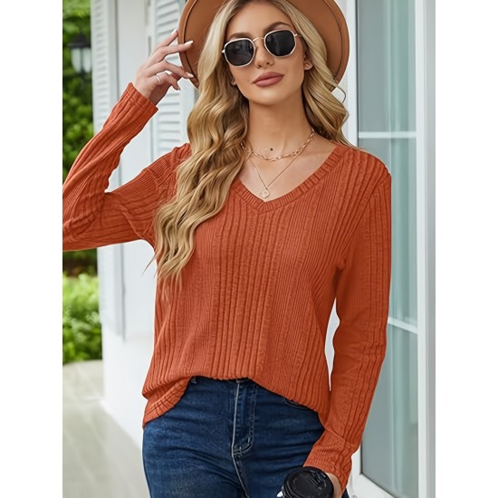 Women's Casual V-Neck Sweater - Solid Color, Ribbed Long Sleeve Knit Pullover, Machine Washable Women's Casual V-Neck Sweater - Solid Color, Ribbed Long Sleeve Knit Pullover, Machine Washable