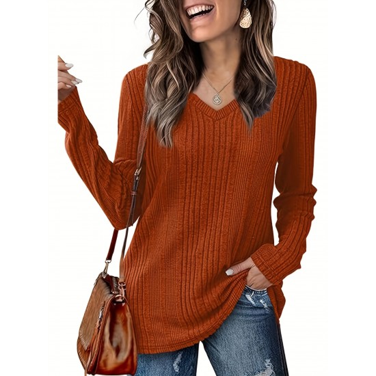 Women's Casual V-Neck Sweater - Solid Color, Ribbed Long Sleeve Knit Pullover, Machine Washable Women's Casual V-Neck Sweater - Solid Color, Ribbed Long Sleeve Knit Pullover, Machine Washable