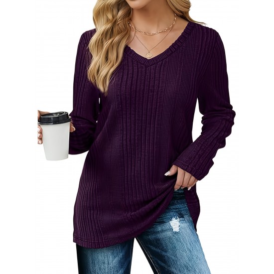 Women's Casual V-Neck Sweater - Solid Color, Ribbed Long Sleeve Knit Pullover, Machine Washable Women's Casual V-Neck Sweater - Solid Color, Ribbed Long Sleeve Knit Pullover, Machine Washable