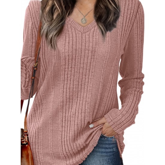 Women's Casual V-Neck Sweater - Solid Color, Ribbed Long Sleeve Knit Pullover, Machine Washable Women's Casual V-Neck Sweater - Solid Color, Ribbed Long Sleeve Knit Pullover, Machine Washable