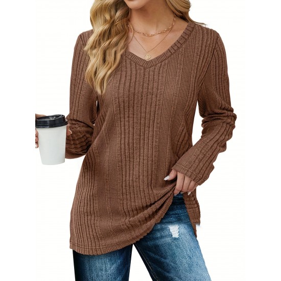 Women's Casual V-Neck Sweater - Solid Color, Ribbed Long Sleeve Knit Pullover, Machine Washable Women's Casual V-Neck Sweater - Solid Color, Ribbed Long Sleeve Knit Pullover, Machine Washable