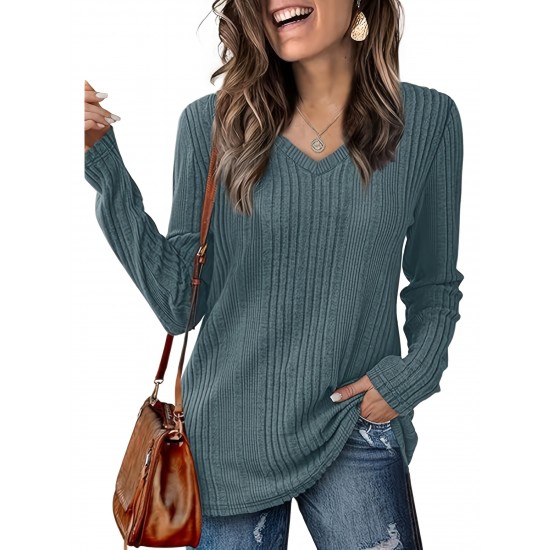 Women's Casual V-Neck Sweater - Solid Color, Ribbed Long Sleeve Knit Pullover, Machine Washable Women's Casual V-Neck Sweater - Solid Color, Ribbed Long Sleeve Knit Pullover, Machine Washable