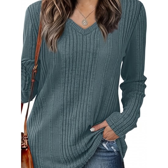 Women's Casual V-Neck Sweater - Solid Color, Ribbed Long Sleeve Knit Pullover, Machine Washable Women's Casual V-Neck Sweater - Solid Color, Ribbed Long Sleeve Knit Pullover, Machine Washable