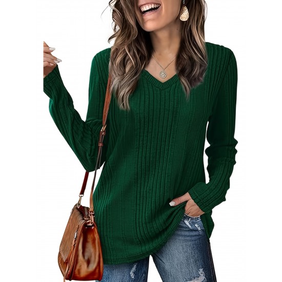 Women's Casual V-Neck Sweater - Solid Color, Ribbed Long Sleeve Knit Pullover, Machine Washable Women's Casual V-Neck Sweater - Solid Color, Ribbed Long Sleeve Knit Pullover, Machine Washable