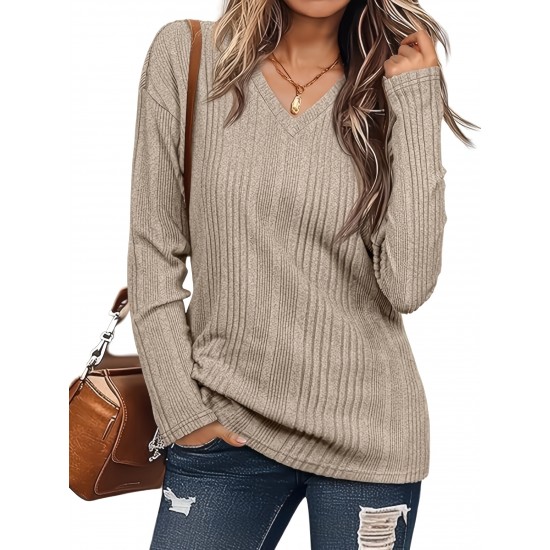 Women's Casual V-Neck Sweater - Solid Color, Ribbed Long Sleeve Knit Pullover, Machine Washable Women's Casual V-Neck Sweater - Solid Color, Ribbed Long Sleeve Knit Pullover, Machine Washable