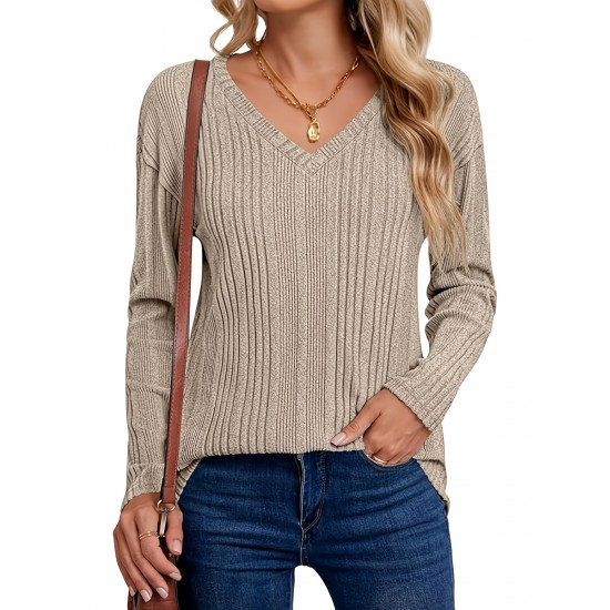 Women's Casual V-Neck Sweater - Solid Color, Ribbed Long Sleeve Knit Pullover, Machine Washable Women's Casual V-Neck Sweater - Solid Color, Ribbed Long Sleeve Knit Pullover, Machine Washable