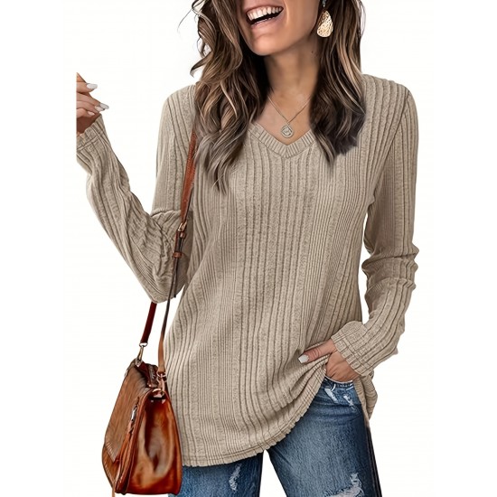 Women's Casual V-Neck Sweater - Solid Color, Ribbed Long Sleeve Knit Pullover, Machine Washable Women's Casual V-Neck Sweater - Solid Color, Ribbed Long Sleeve Knit Pullover, Machine Washable