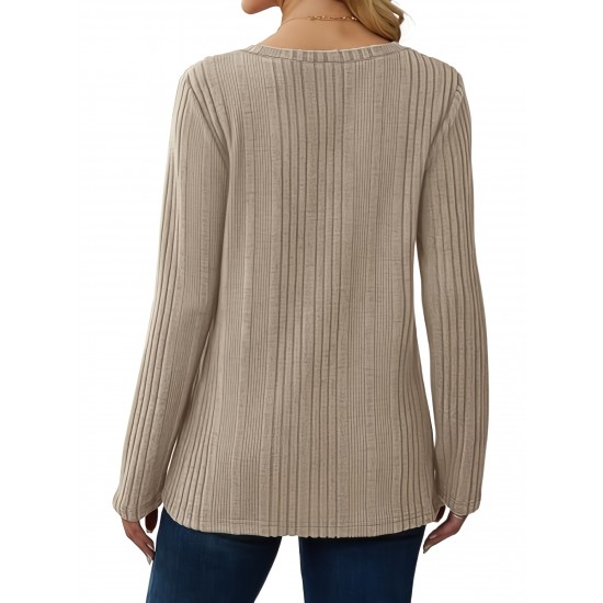 Women's Casual V-Neck Sweater - Solid Color, Ribbed Long Sleeve Knit Pullover, Machine Washable Women's Casual V-Neck Sweater - Solid Color, Ribbed Long Sleeve Knit Pullover, Machine Washable