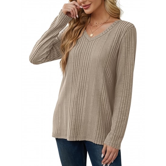 Women's Casual V-Neck Sweater - Solid Color, Ribbed Long Sleeve Knit Pullover, Machine Washable Women's Casual V-Neck Sweater - Solid Color, Ribbed Long Sleeve Knit Pullover, Machine Washable