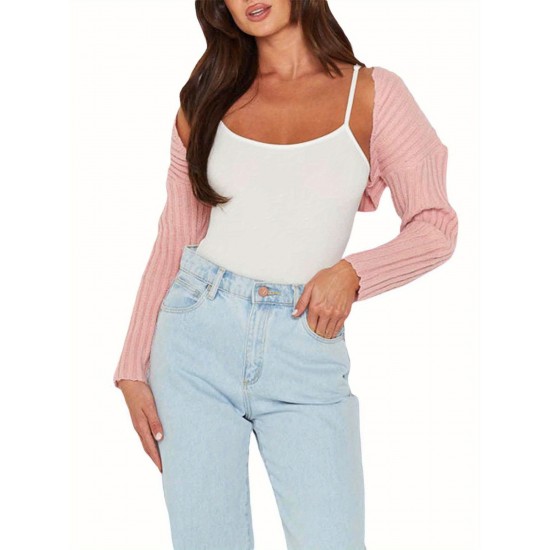 Plus Size Casual Knitted Cardigan, Crew Neck, Medium Stretch, Solid Color, Ultra-Short Sleeve Sweater Jacket for All Seasons Plus Size Casual Knitted Cardigan, Crew Neck, Medium Stretch, Solid Color, Ultra-Short Sleeve Sweater Jacket for All Seasons