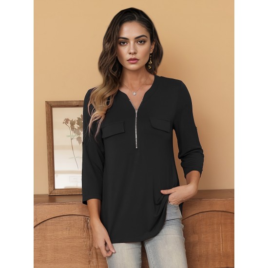 Stylish Women's V-Neck 3/4 Sleeve Zipper Shirt - Business Casual, Dressy Work Tunic Blouse with Relaxed Fit, Soft Fabric, and Versatile Style for Office, Meeting, or Daily Wear - Perfect for Career Women and Professionals Stylish Women's V-Neck 3/4 Sleeve Zipper Shirt - Business Casual, Dressy Work Tunic Blouse with Relaxed Fit, Soft Fabric, and Versatile Style for Office, Meeting, or Daily Wear - Perfect for Career Women and Professionals