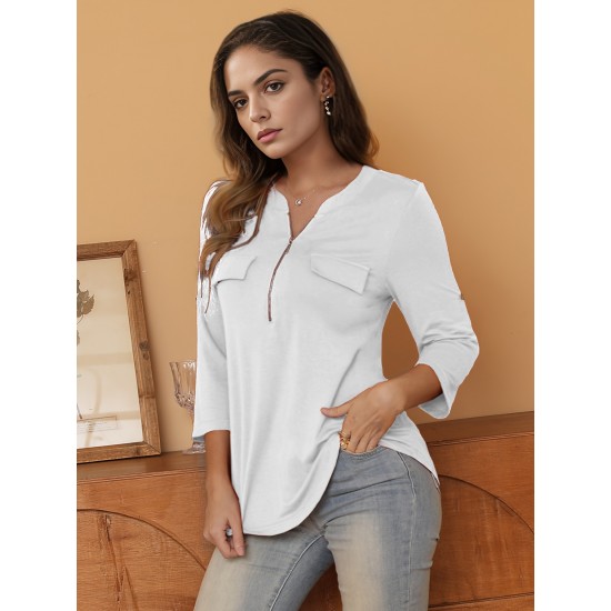 Stylish Women's V-Neck 3/4 Sleeve Zipper Shirt - Business Casual, Dressy Work Tunic Blouse with Relaxed Fit, Soft Fabric, and Versatile Style for Office, Meeting, or Daily Wear - Perfect for Career Women and Professionals Stylish Women's V-Neck 3/4 Sleeve Zipper Shirt - Business Casual, Dressy Work Tunic Blouse with Relaxed Fit, Soft Fabric, and Versatile Style for Office, Meeting, or Daily Wear - Perfect for Career Women and Professionals