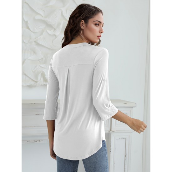 Stylish Women's V-Neck 3/4 Sleeve Zipper Shirt - Business Casual, Dressy Work Tunic Blouse with Relaxed Fit, Soft Fabric, and Versatile Style for Office, Meeting, or Daily Wear - Perfect for Career Women and Professionals Stylish Women's V-Neck 3/4 Sleeve Zipper Shirt - Business Casual, Dressy Work Tunic Blouse with Relaxed Fit, Soft Fabric, and Versatile Style for Office, Meeting, or Daily Wear - Perfect for Career Women and Professionals
