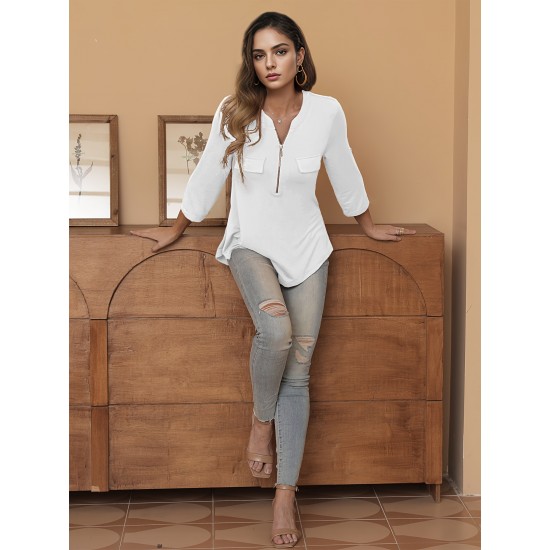 Stylish Women's V-Neck 3/4 Sleeve Zipper Shirt - Business Casual, Dressy Work Tunic Blouse with Relaxed Fit, Soft Fabric, and Versatile Style for Office, Meeting, or Daily Wear - Perfect for Career Women and Professionals Stylish Women's V-Neck 3/4 Sleeve Zipper Shirt - Business Casual, Dressy Work Tunic Blouse with Relaxed Fit, Soft Fabric, and Versatile Style for Office, Meeting, or Daily Wear - Perfect for Career Women and Professionals