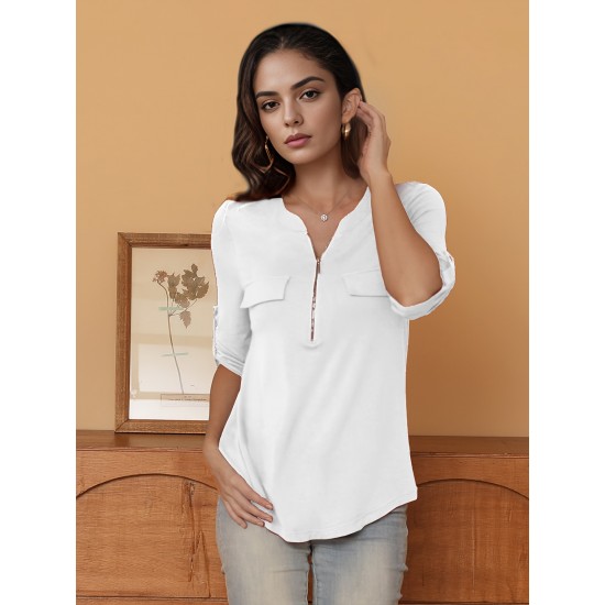 Stylish Women's V-Neck 3/4 Sleeve Zipper Shirt - Business Casual, Dressy Work Tunic Blouse with Relaxed Fit, Soft Fabric, and Versatile Style for Office, Meeting, or Daily Wear - Perfect for Career Women and Professionals Stylish Women's V-Neck 3/4 Sleeve Zipper Shirt - Business Casual, Dressy Work Tunic Blouse with Relaxed Fit, Soft Fabric, and Versatile Style for Office, Meeting, or Daily Wear - Perfect for Career Women and Professionals