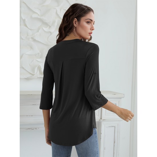 Stylish Women's V-Neck 3/4 Sleeve Zipper Shirt - Business Casual, Dressy Work Tunic Blouse with Relaxed Fit, Soft Fabric, and Versatile Style for Office, Meeting, or Daily Wear - Perfect for Career Women and Professionals Stylish Women's V-Neck 3/4 Sleeve Zipper Shirt - Business Casual, Dressy Work Tunic Blouse with Relaxed Fit, Soft Fabric, and Versatile Style for Office, Meeting, or Daily Wear - Perfect for Career Women and Professionals