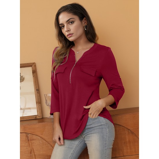 Stylish Women's V-Neck 3/4 Sleeve Zipper Shirt - Business Casual, Dressy Work Tunic Blouse with Relaxed Fit, Soft Fabric, and Versatile Style for Office, Meeting, or Daily Wear - Perfect for Career Women and Professionals Stylish Women's V-Neck 3/4 Sleeve Zipper Shirt - Business Casual, Dressy Work Tunic Blouse with Relaxed Fit, Soft Fabric, and Versatile Style for Office, Meeting, or Daily Wear - Perfect for Career Women and Professionals