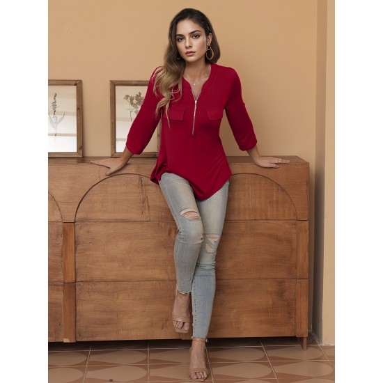 Stylish Women's V-Neck 3/4 Sleeve Zipper Shirt - Business Casual, Dressy Work Tunic Blouse with Relaxed Fit, Soft Fabric, and Versatile Style for Office, Meeting, or Daily Wear - Perfect for Career Women and Professionals Stylish Women's V-Neck 3/4 Sleeve Zipper Shirt - Business Casual, Dressy Work Tunic Blouse with Relaxed Fit, Soft Fabric, and Versatile Style for Office, Meeting, or Daily Wear - Perfect for Career Women and Professionals