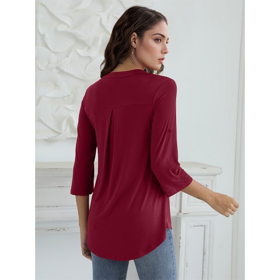 Stylish Women's V-Neck 3/4 Sleeve Zipper Shirt - Business Casual, Dressy Work Tunic Blouse with Relaxed Fit, Soft Fabric, and Versatile Style for Office, Meeting, or Daily Wear - Perfect for Career Women and Professionals Stylish Women's V-Neck 3/4 Sleeve Zipper Shirt - Business Casual, Dressy Work Tunic Blouse with Relaxed Fit, Soft Fabric, and Versatile Style for Office, Meeting, or Daily Wear - Perfect for Career Women and Professionals