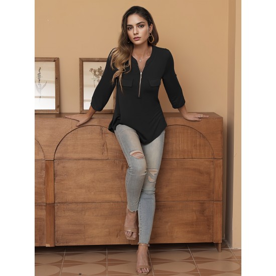 Stylish Women's V-Neck 3/4 Sleeve Zipper Shirt - Business Casual, Dressy Work Tunic Blouse with Relaxed Fit, Soft Fabric, and Versatile Style for Office, Meeting, or Daily Wear - Perfect for Career Women and Professionals Stylish Women's V-Neck 3/4 Sleeve Zipper Shirt - Business Casual, Dressy Work Tunic Blouse with Relaxed Fit, Soft Fabric, and Versatile Style for Office, Meeting, or Daily Wear - Perfect for Career Women and Professionals
