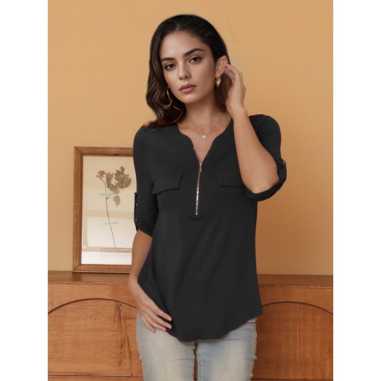 Stylish Women's V-Neck 3/4 Sleeve Zipper Shirt - Business Casual, Dressy Work Tunic Blouse with Relaxed Fit, Soft Fabric, and Versatile Style for Office, Meeting, or Daily Wear - Perfect for Career Women and Professionals Stylish Women's V-Neck 3/4 Sleeve Zipper Shirt - Business Casual, Dressy Work Tunic Blouse with Relaxed Fit, Soft Fabric, and Versatile Style for Office, Meeting, or Daily Wear - Perfect for Career Women and Professionals