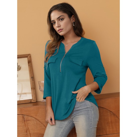 Stylish Women's V-Neck 3/4 Sleeve Zipper Shirt - Business Casual, Dressy Work Tunic Blouse with Relaxed Fit, Soft Fabric, and Versatile Style for Office, Meeting, or Daily Wear - Perfect for Career Women and Professionals Stylish Women's V-Neck 3/4 Sleeve Zipper Shirt - Business Casual, Dressy Work Tunic Blouse with Relaxed Fit, Soft Fabric, and Versatile Style for Office, Meeting, or Daily Wear - Perfect for Career Women and Professionals