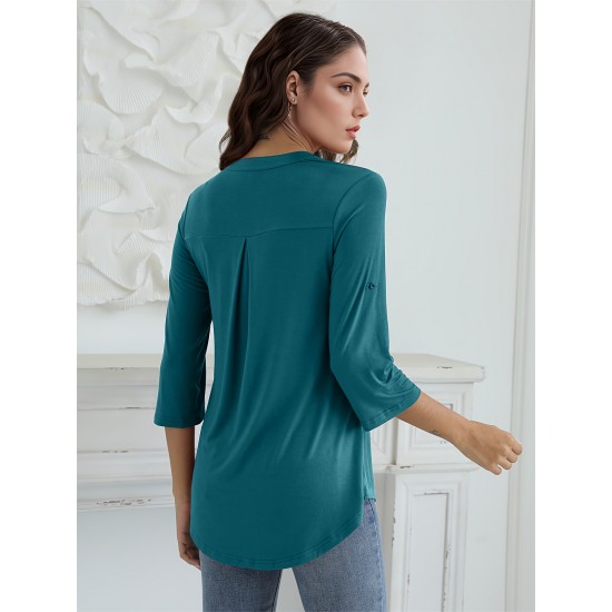 Stylish Women's V-Neck 3/4 Sleeve Zipper Shirt - Business Casual, Dressy Work Tunic Blouse with Relaxed Fit, Soft Fabric, and Versatile Style for Office, Meeting, or Daily Wear - Perfect for Career Women and Professionals Stylish Women's V-Neck 3/4 Sleeve Zipper Shirt - Business Casual, Dressy Work Tunic Blouse with Relaxed Fit, Soft Fabric, and Versatile Style for Office, Meeting, or Daily Wear - Perfect for Career Women and Professionals