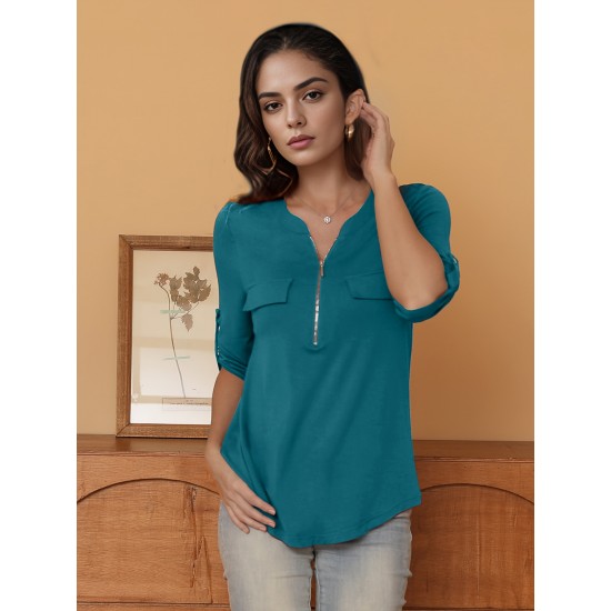 Stylish Women's V-Neck 3/4 Sleeve Zipper Shirt - Business Casual, Dressy Work Tunic Blouse with Relaxed Fit, Soft Fabric, and Versatile Style for Office, Meeting, or Daily Wear - Perfect for Career Women and Professionals Stylish Women's V-Neck 3/4 Sleeve Zipper Shirt - Business Casual, Dressy Work Tunic Blouse with Relaxed Fit, Soft Fabric, and Versatile Style for Office, Meeting, or Daily Wear - Perfect for Career Women and Professionals