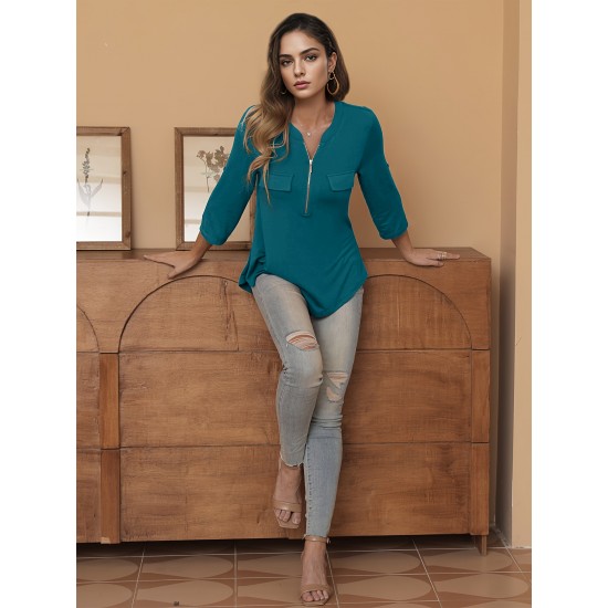 Stylish Women's V-Neck 3/4 Sleeve Zipper Shirt - Business Casual, Dressy Work Tunic Blouse with Relaxed Fit, Soft Fabric, and Versatile Style for Office, Meeting, or Daily Wear - Perfect for Career Women and Professionals Stylish Women's V-Neck 3/4 Sleeve Zipper Shirt - Business Casual, Dressy Work Tunic Blouse with Relaxed Fit, Soft Fabric, and Versatile Style for Office, Meeting, or Daily Wear - Perfect for Career Women and Professionals