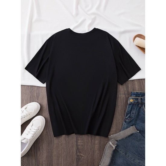 Women's Casual Black Heart Print Love Graphic Tee - Short Sleeve Crew Neck, Polyester Knit T-Shirt Women's Casual Black Heart Print Love Graphic Tee - Short Sleeve Crew Neck, Polyester Knit T-Shirt