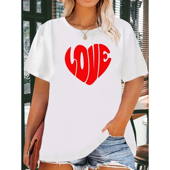 Women's Casual Black Heart Print Love Graphic Tee - Short Sleeve Crew Neck, Polyester Knit T-Shirt Women's Casual Black Heart Print Love Graphic Tee - Short Sleeve Crew Neck, Polyester Knit T-Shirt