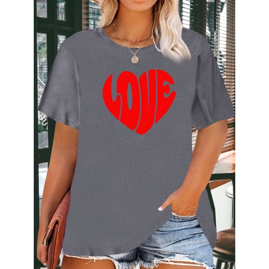 Women's Casual Black Heart Print Love Graphic Tee - Short Sleeve Crew Neck, Polyester Knit T-Shirt Women's Casual Black Heart Print Love Graphic Tee - Short Sleeve Crew Neck, Polyester Knit T-Shirt