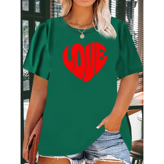 Women's Casual Black Heart Print Love Graphic Tee - Short Sleeve Crew Neck, Polyester Knit T-Shirt Women's Casual Black Heart Print Love Graphic Tee - Short Sleeve Crew Neck, Polyester Knit T-Shirt