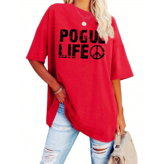 Plus Size Casual Crew Neck T-Shirt with POGUL LIFE Peace Sign Graphic, Polyester Knit Fabric with Slight Stretch, for Women, All-Season Comfort Plus Size Casual Crew Neck T-Shirt with POGUL LIFE Peace Sign Graphic, Polyester Knit Fabric with Slight Stretch, for Women, All-Season Comfort