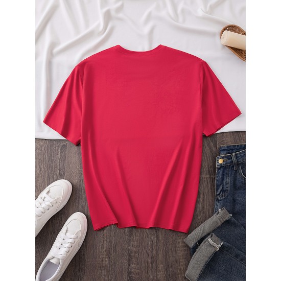 Plus Size Casual Crew Neck T-Shirt with POGUL LIFE Peace Sign Graphic, Polyester Knit Fabric with Slight Stretch, for Women, All-Season Comfort Plus Size Casual Crew Neck T-Shirt with POGUL LIFE Peace Sign Graphic, Polyester Knit Fabric with Slight Stretch, for Women, All-Season Comfort