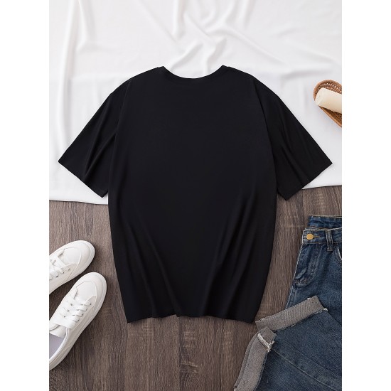 Plus Size Casual Crew Neck T-Shirt with POGUL LIFE Peace Sign Graphic, Polyester Knit Fabric with Slight Stretch, for Women, All-Season Comfort Plus Size Casual Crew Neck T-Shirt with POGUL LIFE Peace Sign Graphic, Polyester Knit Fabric with Slight Stretch, for Women, All-Season Comfort