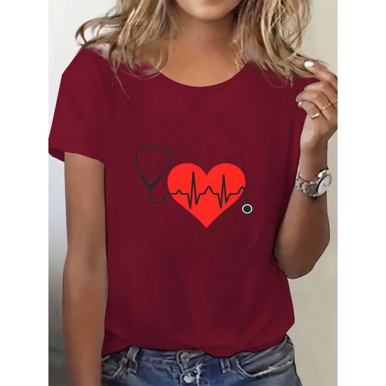 Women's Breathable Polyester T-Shirt with Stethoscope & Heart Design - Casual Crew Neck, Short Sleeve, Machine Washable - Perfect Gift for Her Women's Breathable Polyester T-Shirt with Stethoscope & Heart Design - Casual Crew Neck, Short Sleeve, Machine Washable - Perfect Gift for Her