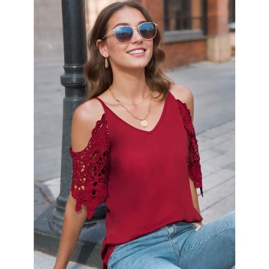 Plus Size Women'S V-Neck Lace Off-Shoulder Short-Sleeved T-Shirt Plus Size Women'S V-Neck Lace Off-Shoulder Short-Sleeved T-Shirt