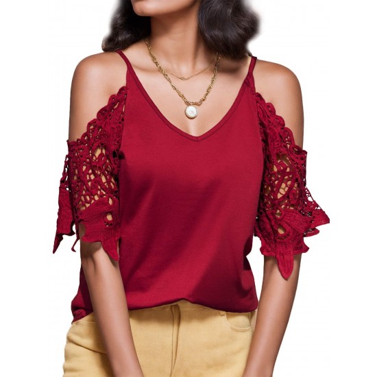Plus Size Women'S V-Neck Lace Off-Shoulder Short-Sleeved T-Shirt Plus Size Women'S V-Neck Lace Off-Shoulder Short-Sleeved T-Shirt
