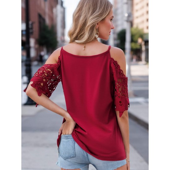 Plus Size Women'S V-Neck Lace Off-Shoulder Short-Sleeved T-Shirt Plus Size Women'S V-Neck Lace Off-Shoulder Short-Sleeved T-Shirt
