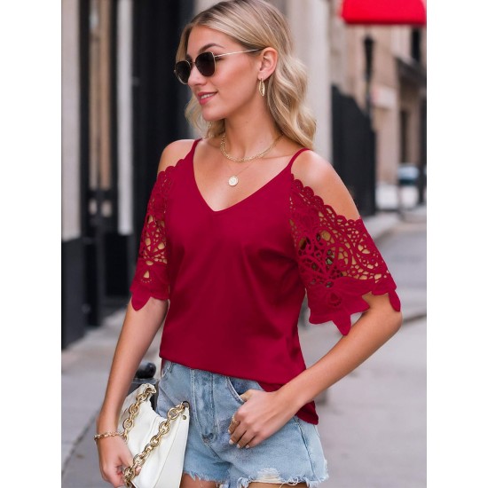 Plus Size Women'S V-Neck Lace Off-Shoulder Short-Sleeved T-Shirt Plus Size Women'S V-Neck Lace Off-Shoulder Short-Sleeved T-Shirt