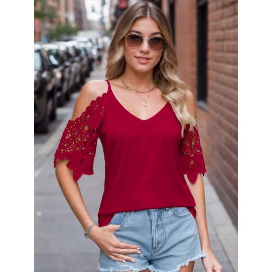 Plus Size Women'S V-Neck Lace Off-Shoulder Short-Sleeved T-Shirt Plus Size Women'S V-Neck Lace Off-Shoulder Short-Sleeved T-Shirt