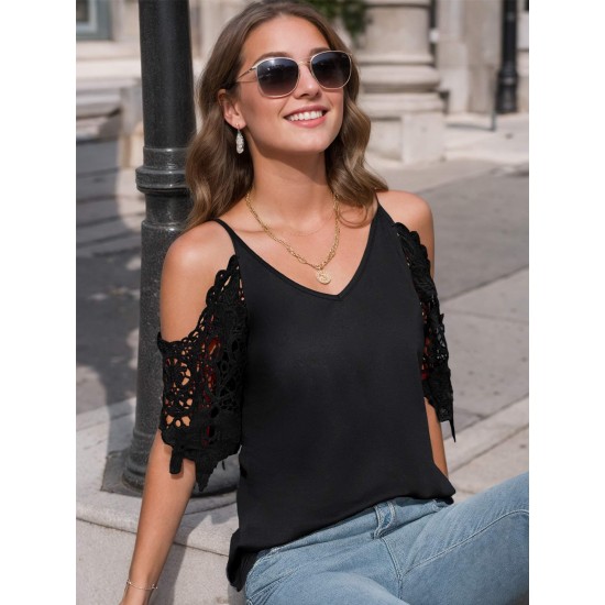 Plus Size Women'S V-Neck Lace Off-Shoulder Short-Sleeved T-Shirt Plus Size Women'S V-Neck Lace Off-Shoulder Short-Sleeved T-Shirt