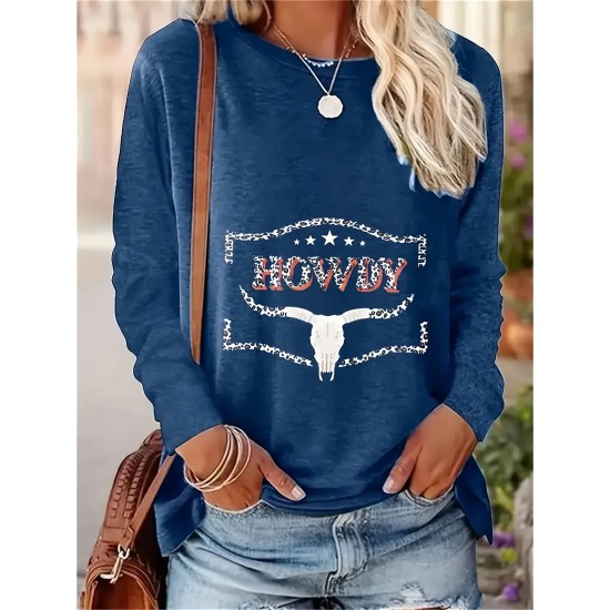 Women's Plus Size Casual Bull Head Print T-Shirt - Comfy Long Sleeve, Round Neck Top for Spring & Fall Women's Plus Size Casual Bull Head Print T-Shirt - Comfy Long Sleeve, Round Neck Top for Spring & Fall